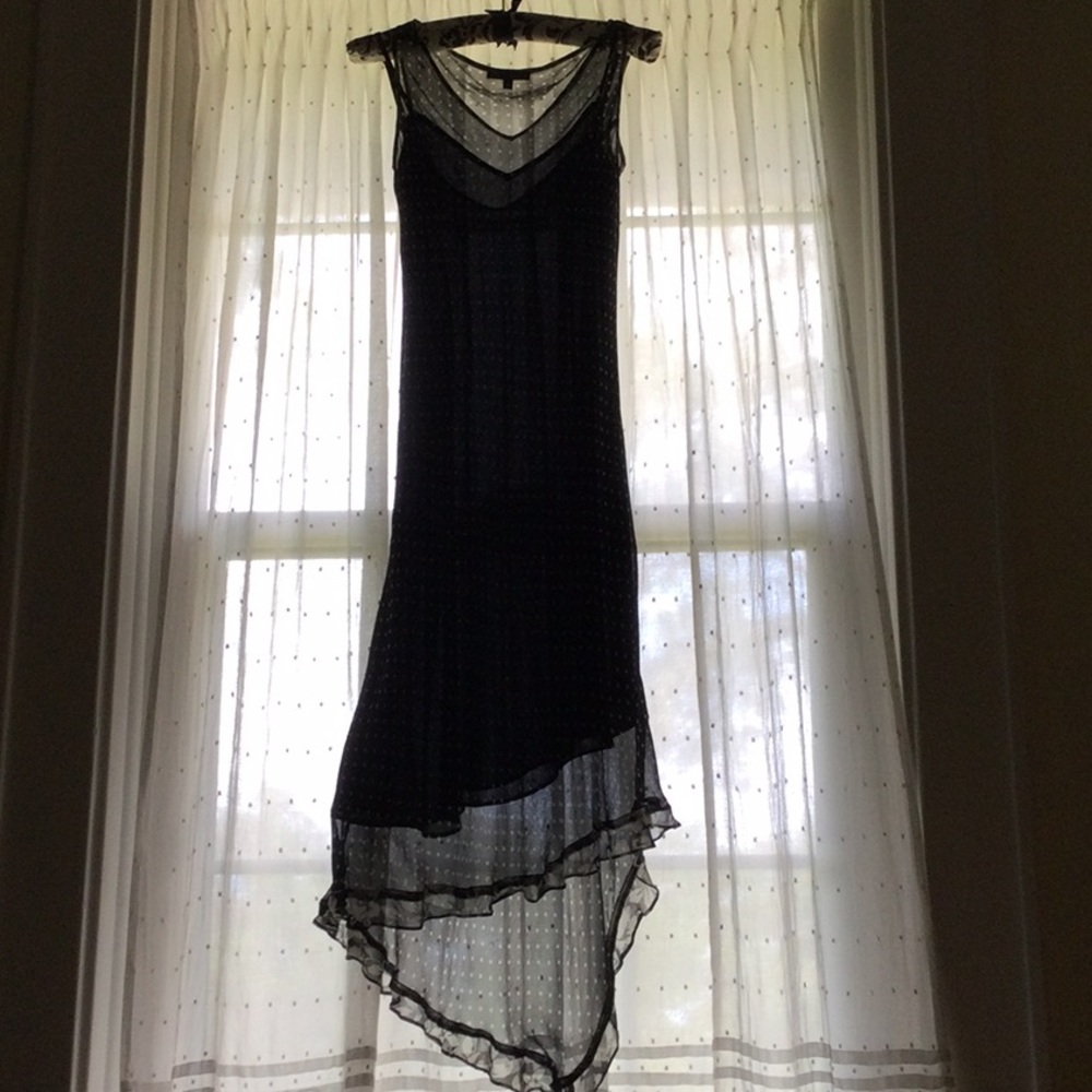 Polka dot asymmetrical silk dress with slip.